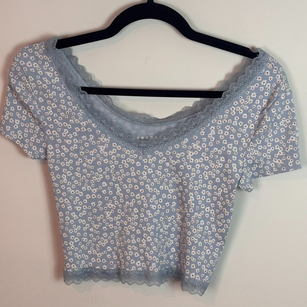 Aeropostale Blue Microfloral Daisy Lace‎ Trim  Crop Top Juniors MED cottagecore